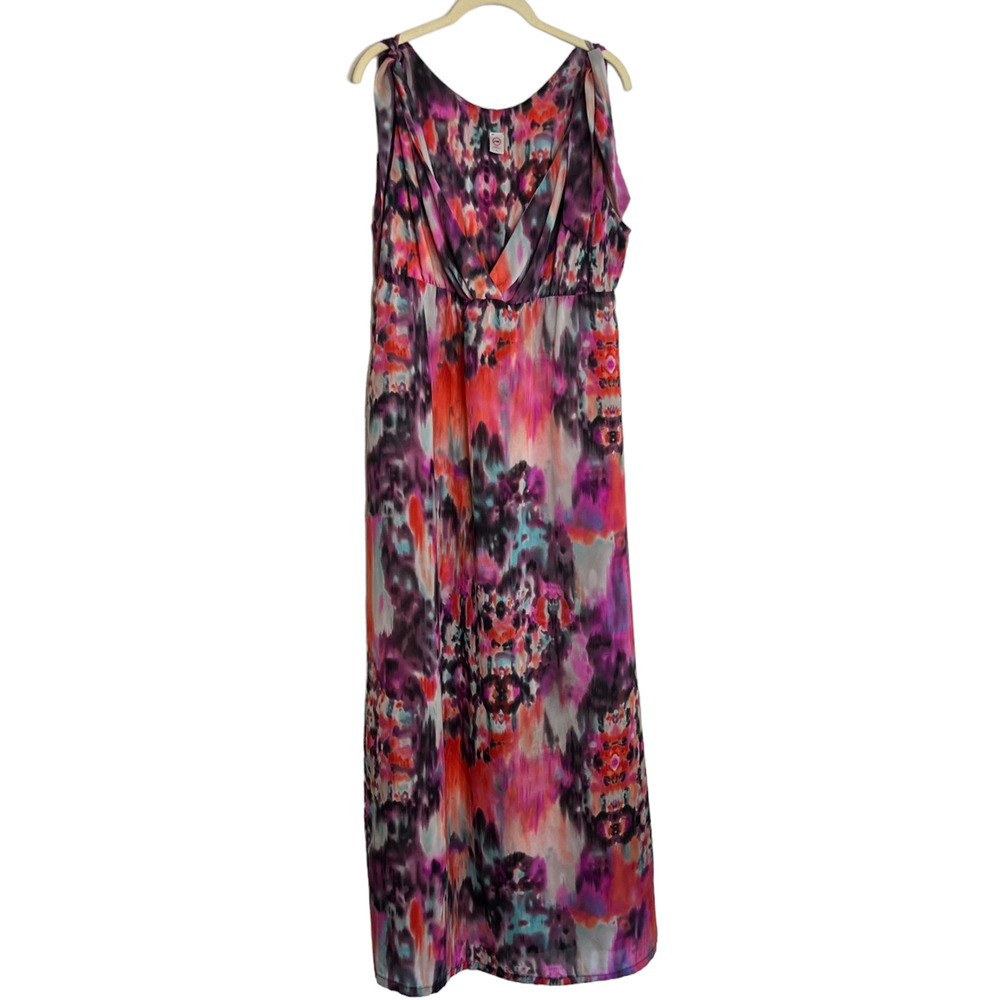 JW Maternity Womens Chiffon Maxi Dress Large Multicolor Shoulder Tie Sleeveless